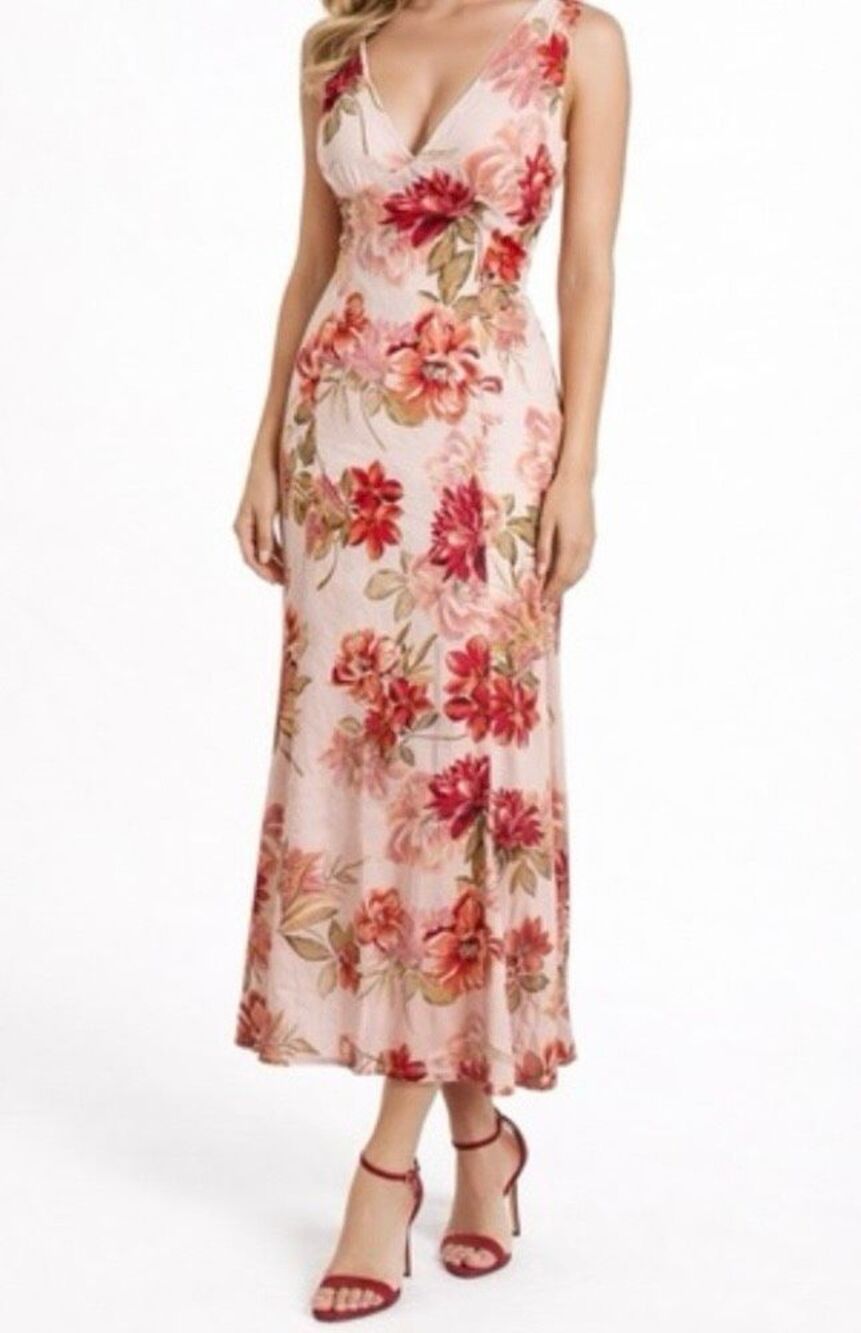 Paper Heart Maxi Dress Womens XS Rose Floral Linen Blend V Neck Flattering